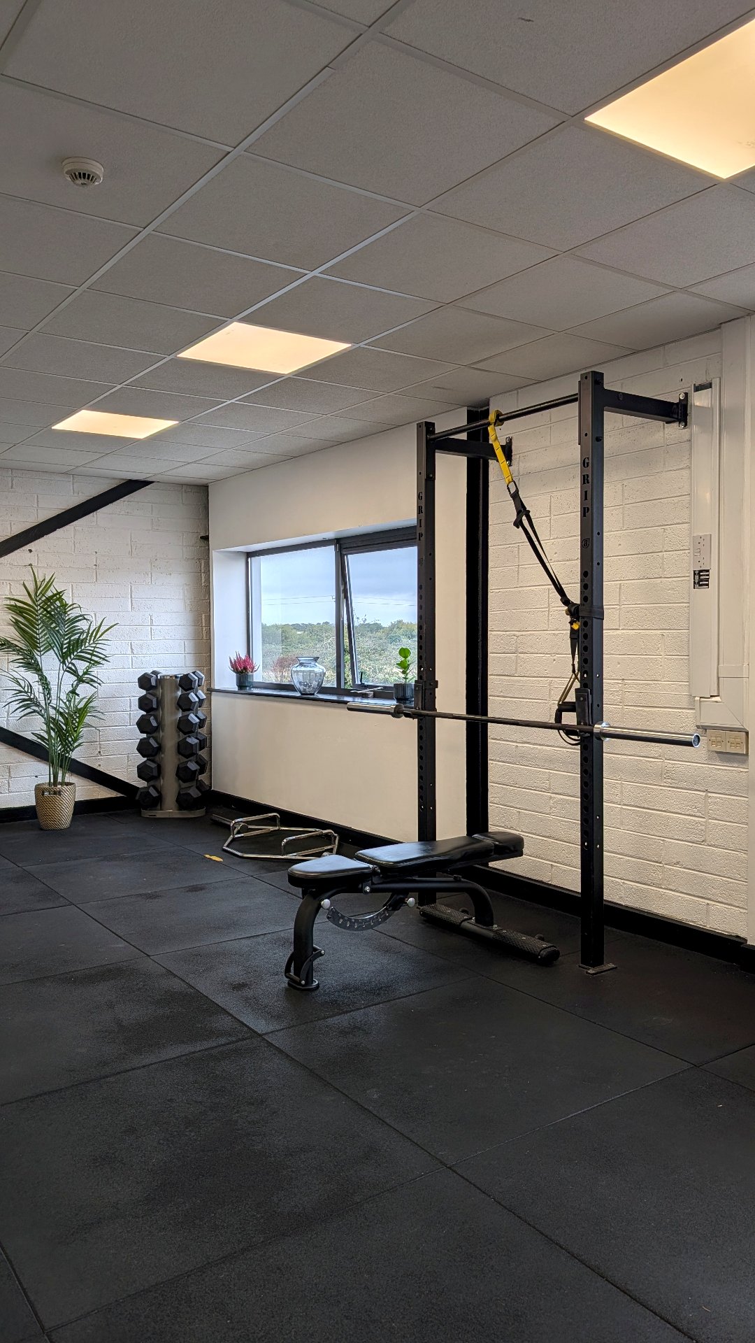 Squat rack, bench and dumbbells by the window at STR3NGTH Airside, Swords