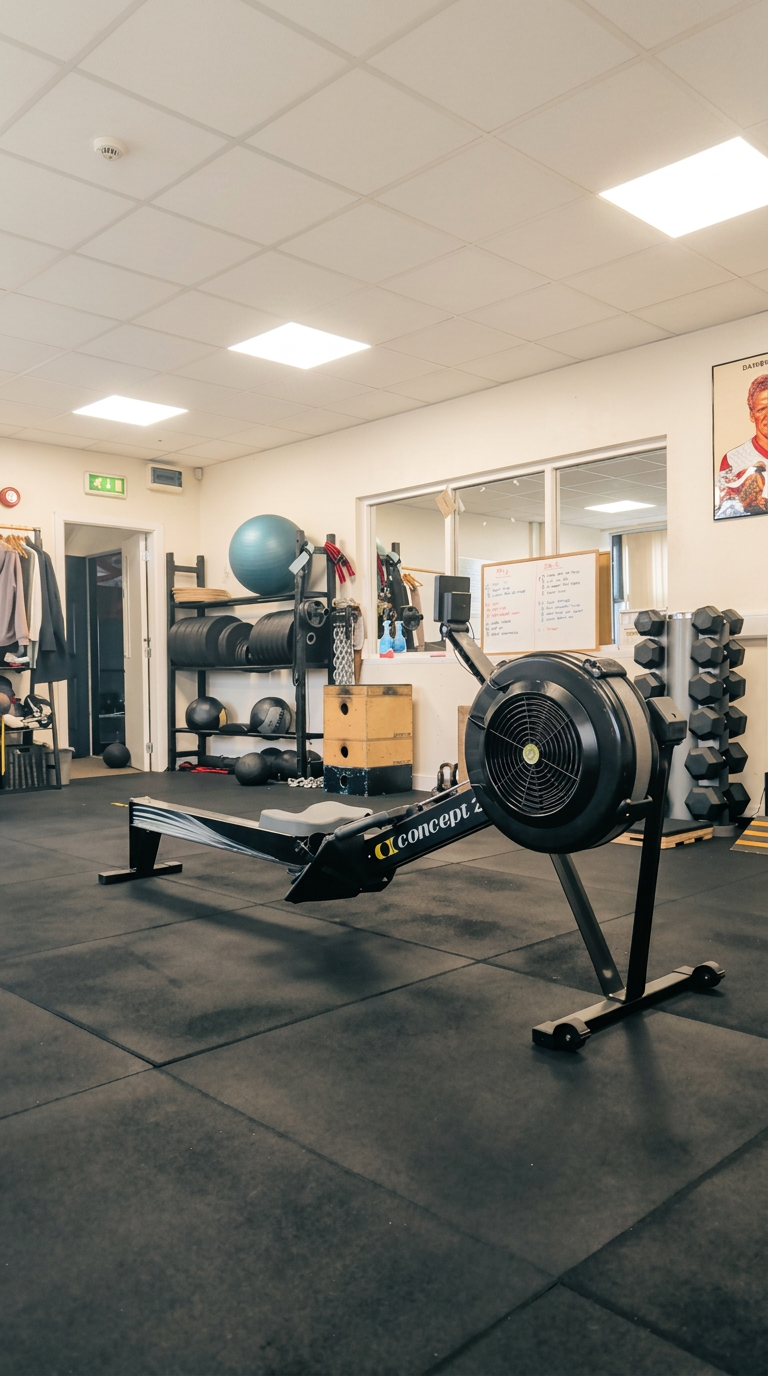 Conditioning zone at STR3NGTH Airside, Swords — air bikes, wall balls, plyo boxes and dumbbells